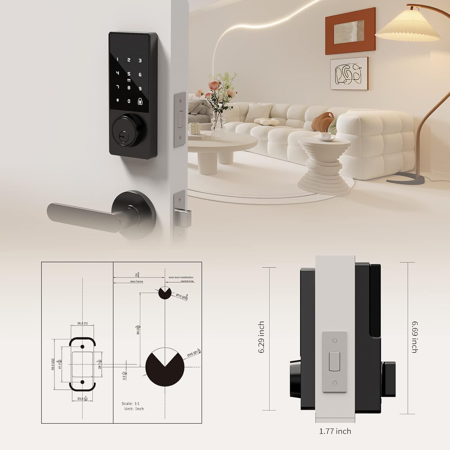 Diagram showing door dimensions and lock measurements for compatibility.