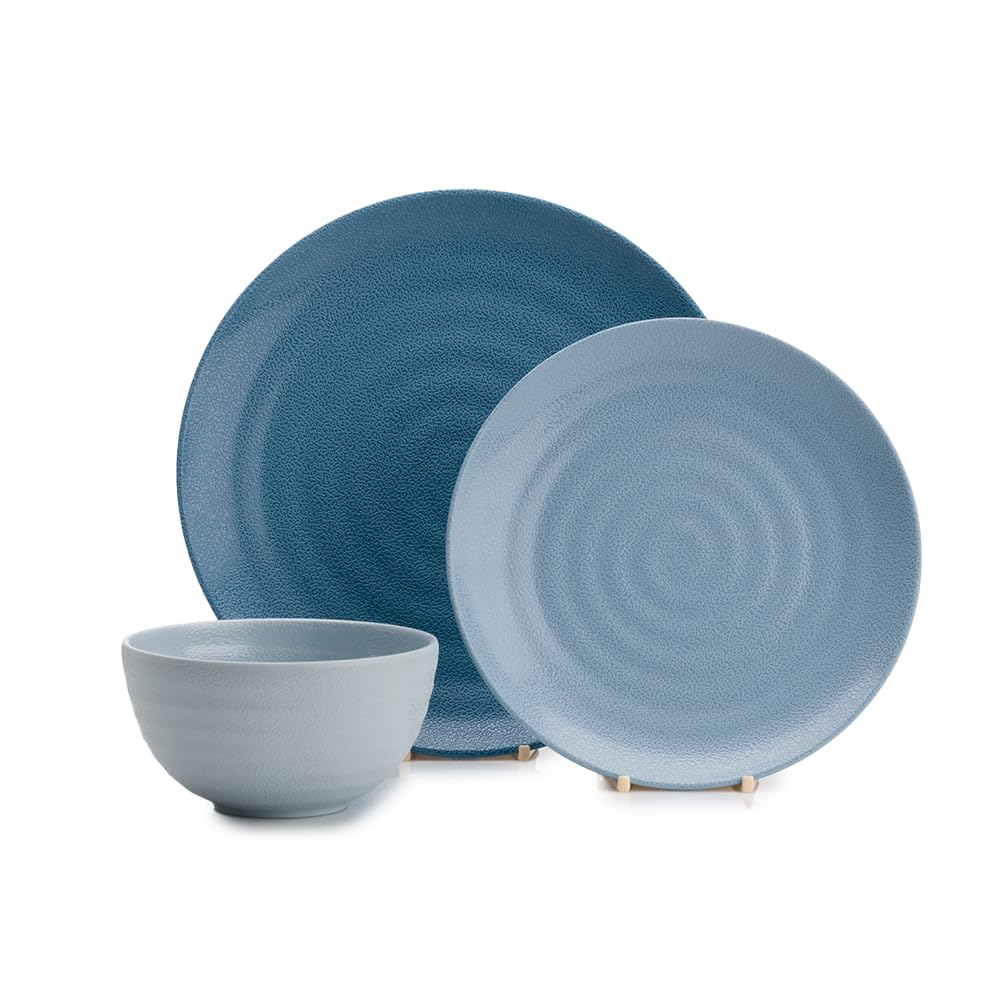FLAMEFIELD Juego de 12 piezas de melamina Shades of Blue: varios tonos oceánicos, platos y cuencos irrompibles, perfecto para comidas en interiores y exteriores