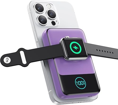 Miniatura 12 de Cargador portátil magnético para iPhone, Banco de energía inalámbrico Qi2 de 10800mAh y 15W con cargador para iWatch, Paquete de batería de viaje