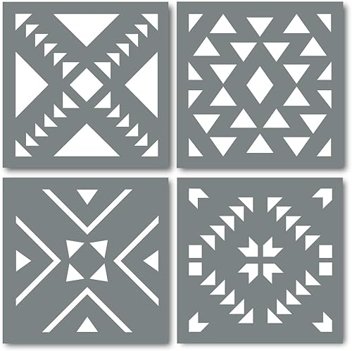 Plantillas de azulejos aztecas, juego de cuatro plantillas reutilizables de 11.5 pulgadas en un moderno patrón de plantilla azteca, úsalo como