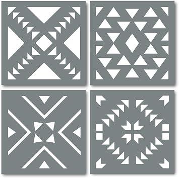 Set of Four 4-Inch Tile Floor & Wall Stencils - Modern Aztec Pattern - Update Furniture or Create Artwork with Reusable Stencils for Painting on Wood & More