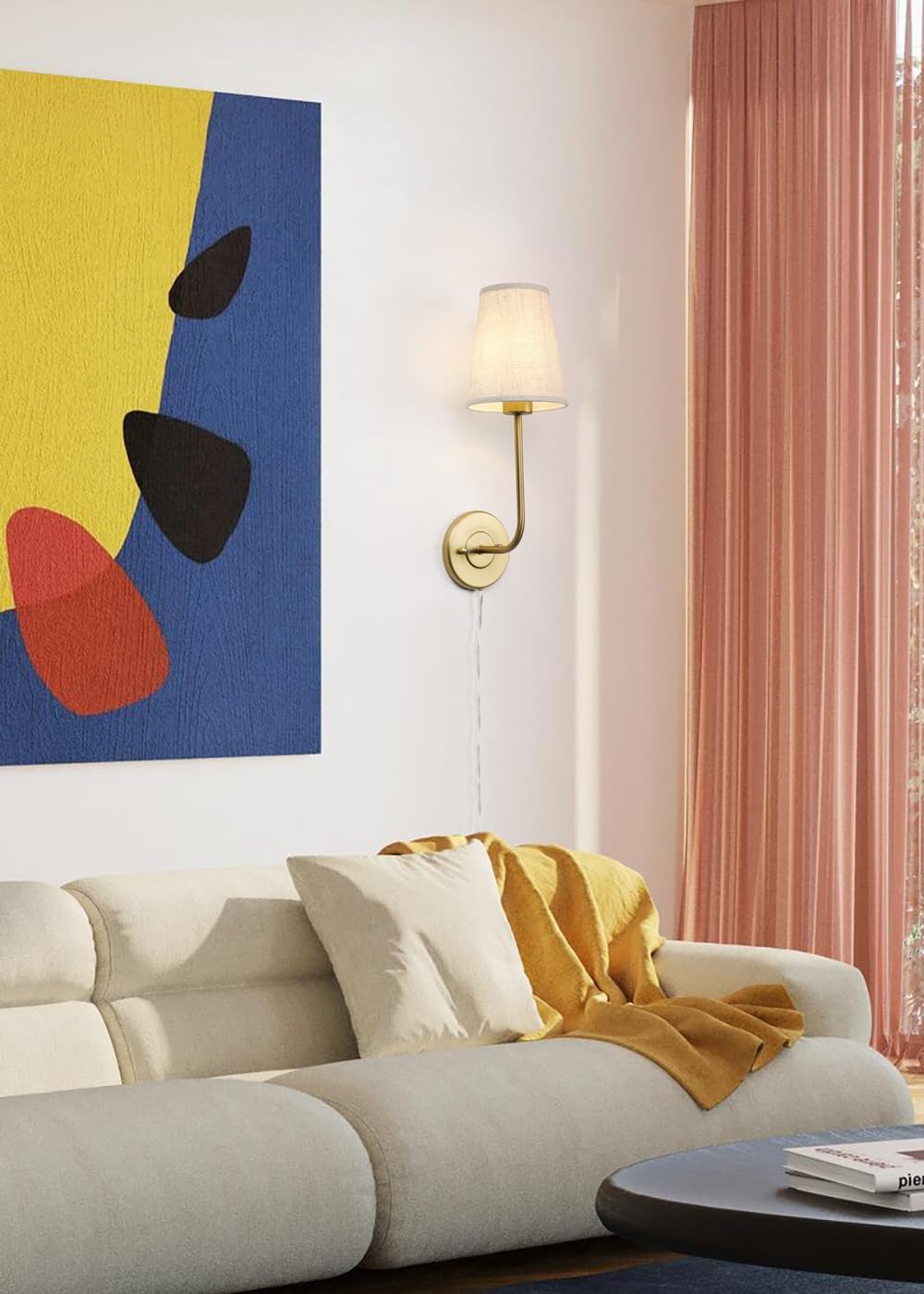 Pathson Set of 2 Plug in Fabric Wall Sconce Linen Cloth Shade, 1-Light Vintage Wall Light Fixture for Living Room Bedroom