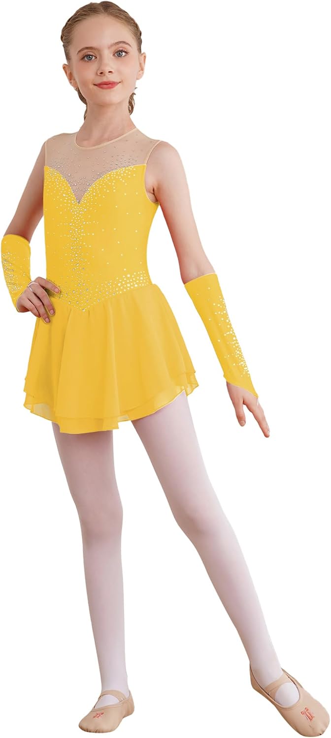 Hansber Kids Girls Figure Skating Dress Rhinestone Keyhole Back Sleeveless Outfit with Gloves Dancewear