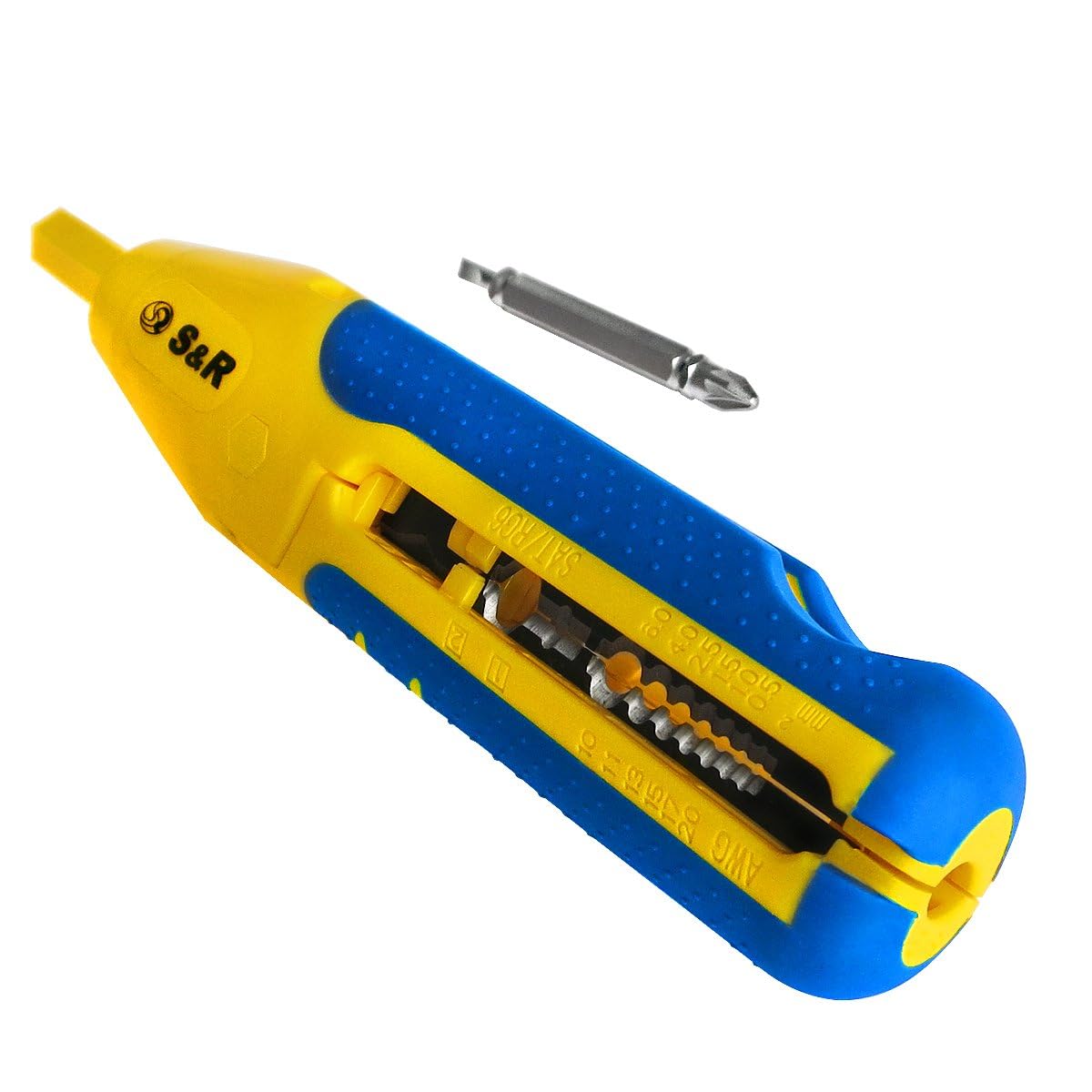 S&R Abmantler - Abisolierwerkzeug mit Bithalter/Kabelschneider 3x1,5 mm/Bithalter PZ2 & Schlitz 4.0mm, Abmanteler Niedervolt Kabel 8-13mm Kabel 10-20AWG, SAT/RG6 & RG59 Abisolierer Entmanteler