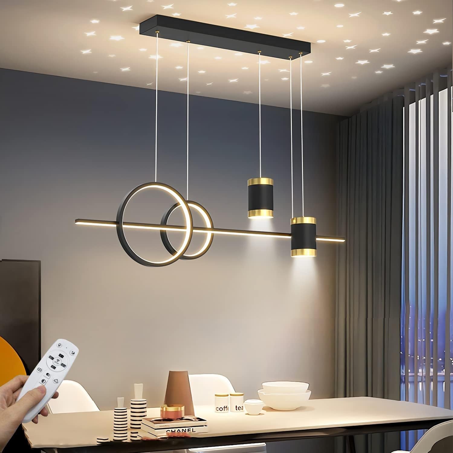 Lampy wiszące LED Stół Nowoczesna czarna lampa wisząca Lampa wisząca z regulacją wysokości Możliwość ściemniania za pomocą pilota Lampa wisząca do jadalni Salon Kuchnia Lampy barowe 100 cm (Kolor:
