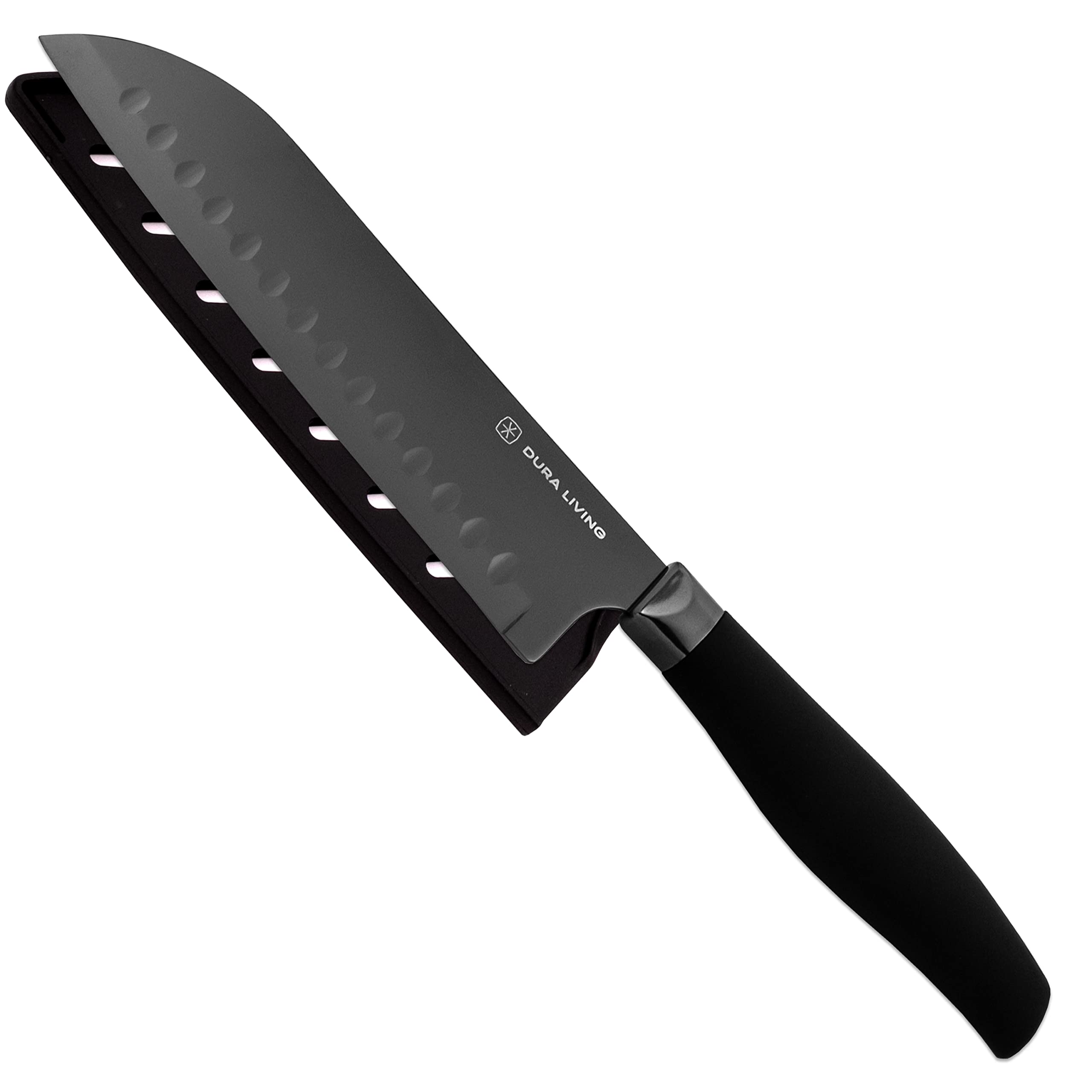 Santoku Knife - 7 Inch Black Nonstick Titanium Plated Stainless Steel Ultra Sharp Blade, With Ergonomic Comfort Grip Handle Asian Chef's Knife, With Matching Sheath