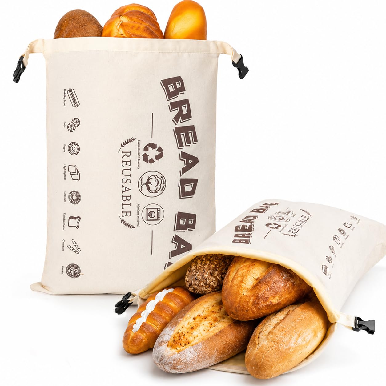 Bienenwachs Brotbeutel 2er Set, 43 x 32 cm, Bienenwachsbeutel aus Baumwolle Wiederverwendbar, Brotbeutel Bienenwachs Rollverschluss mit Klickverschluss und Griff, für Sauerteigbrot, Baguette und Gebä