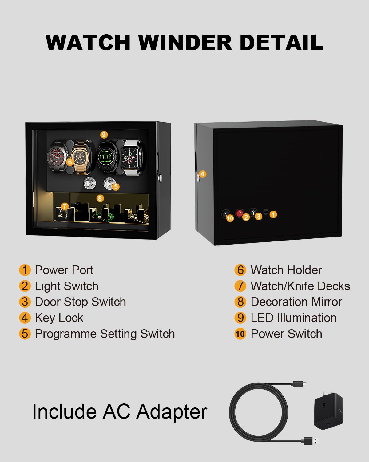 Uhrenbeweger, Schlüsselschloss Uhrenwinder für 4/6/8 Automatikauhren mit 3 Zusätzlichen Speichern, Leiser Motor, 4 Rotationsmodi, Schaumstoff Pad, LED-Licht und Typ-C-Adapter