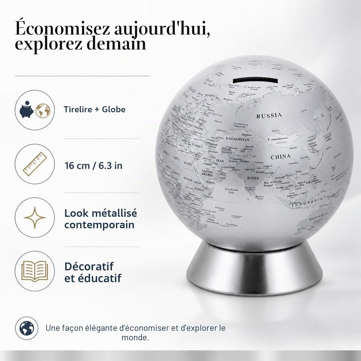 Exerz Globe Terrestre Tirelire diamètre 16cm - Carte du Monde en Anglais - Contemporain en métal - Argent