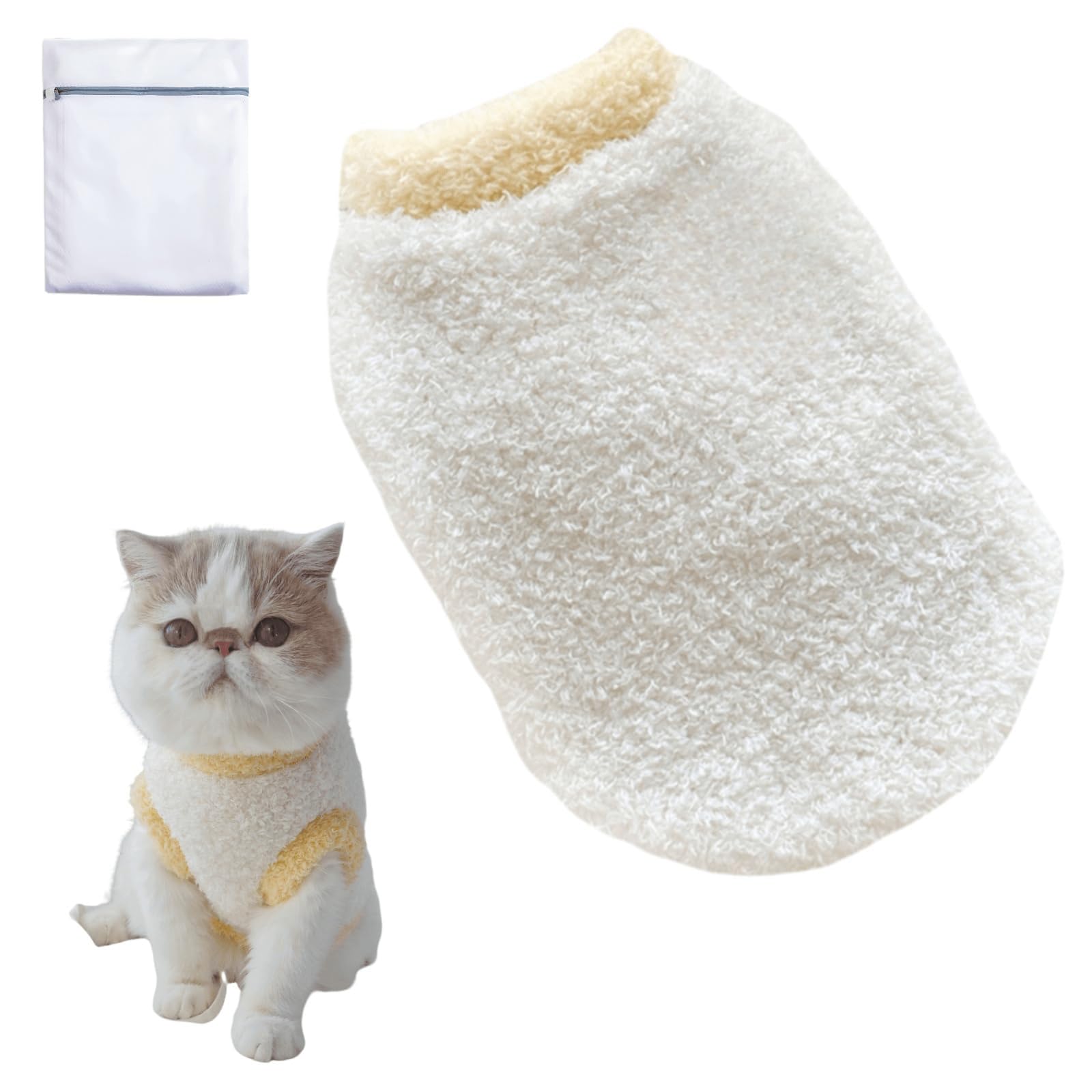 Cute Cat Sweaters Warm Cotton Plush Dog Apparel & Accessories Sleeveless White Kitten Sweaters for Indoor Cats and Small Dogs with Pet Laundry Bag (
