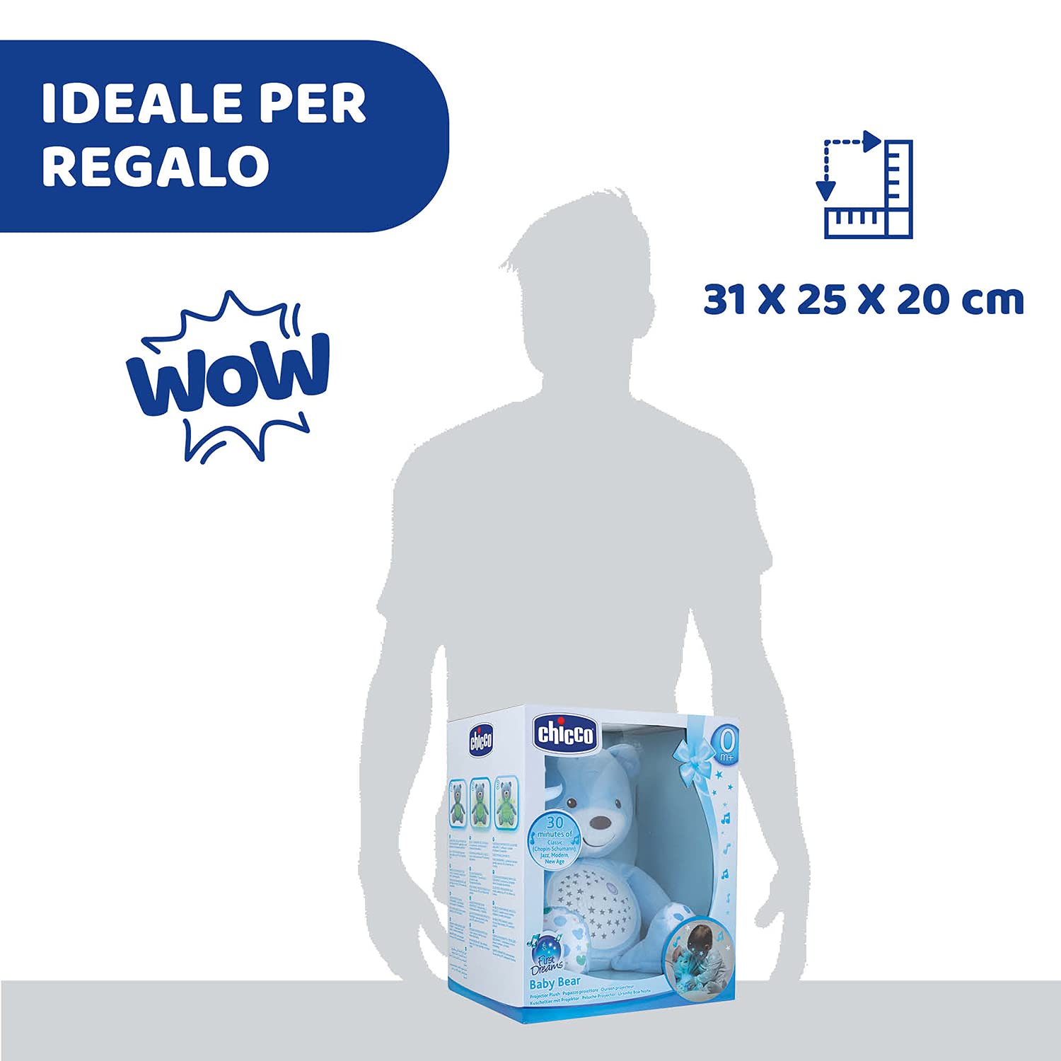 Chicco First Dreams Orsacchiotto Peluche Baby Bear, Soffice Pupazzo Proiettore con Luce Notturna Bambini, Effetti Luminosi e Rilassanti Melodie, Azzurro - Giochi Neonato 0 Mesi +