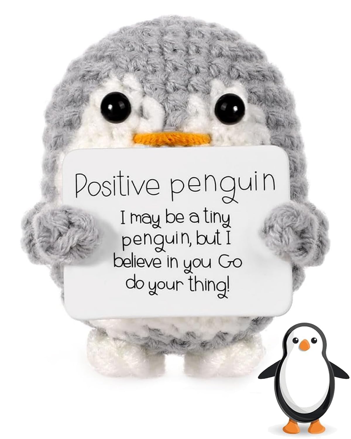 Gift, Emotional Support Gift, Gifts for Woman, Funny Crochet Penguin Doll with Positive Message Card, Cute Desk Decor for Home or Office, Men Women Gifr for Birthday Christmas (Grey)-image-31