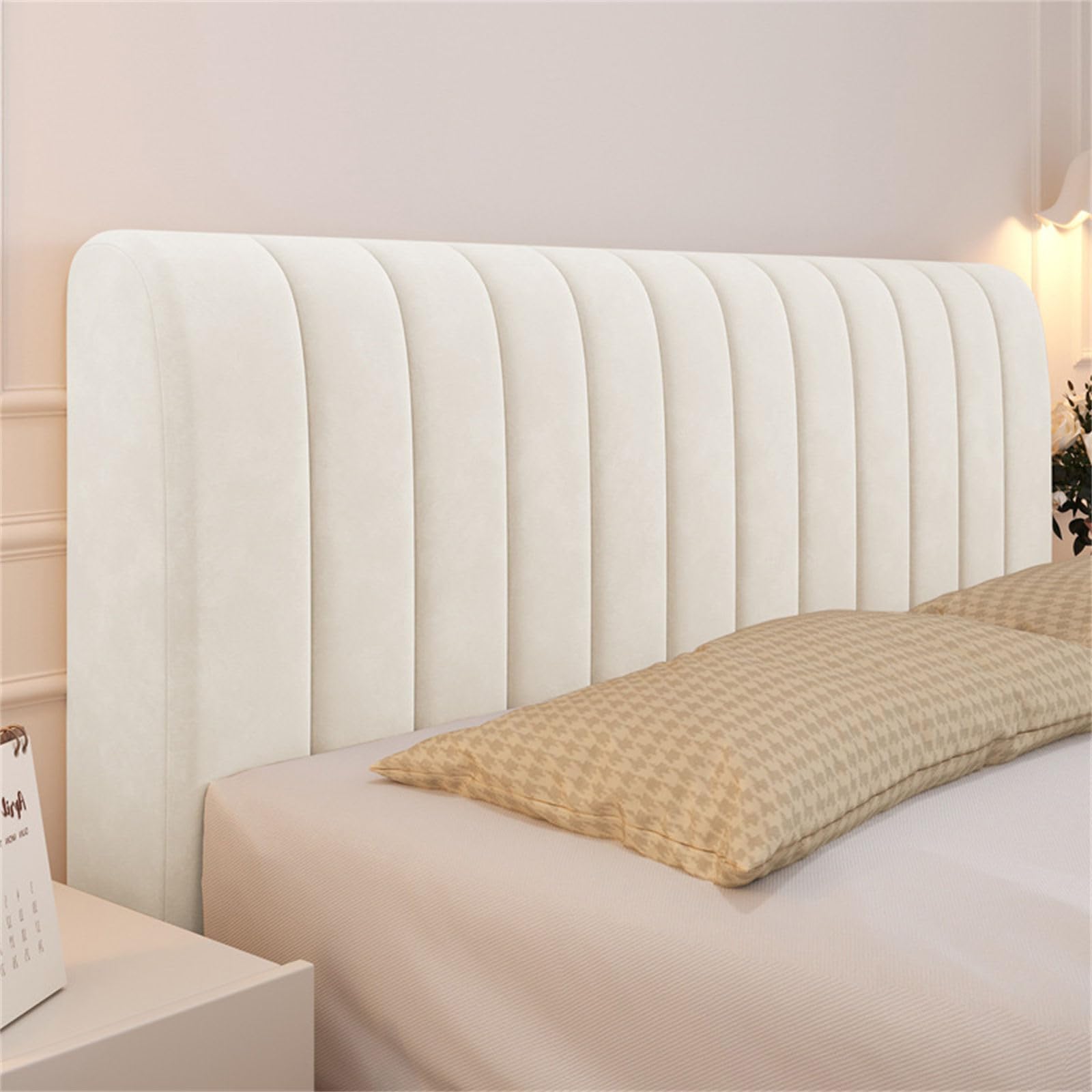 Chickwin Funda Terciopelo de Cabecero de Cama, Raya Acolchado Funda para Cabecero de Cama Funda Cabecero Cama 135 150 180, Cubierta Cabecero Cama Elástica Ajustable (150cm,Blanco)