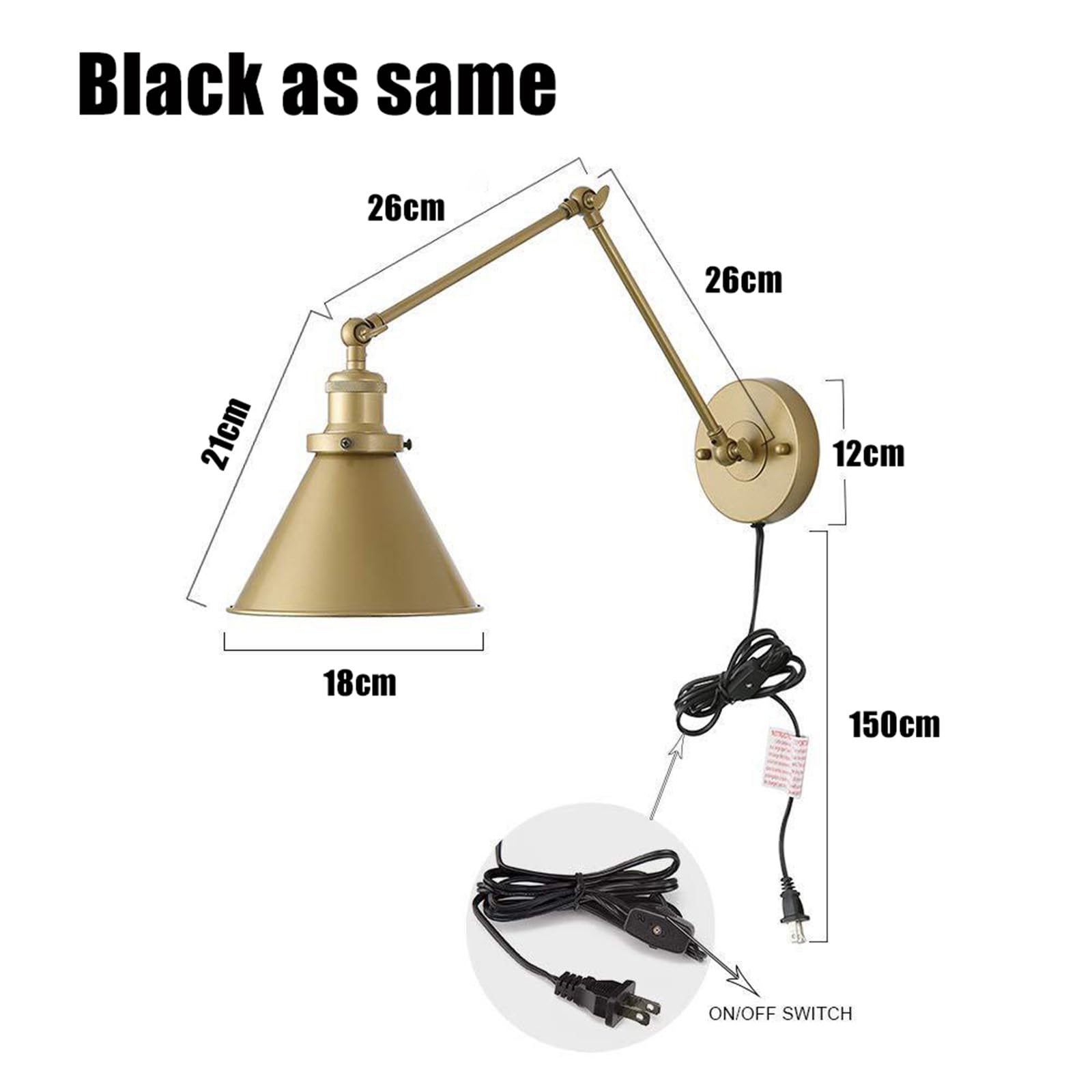 Innen Vintage Wandleuchte mit Schalter Wandlampe Langer Swing Arm Verstellbar mit Kabel Stecker Wandleuchten Strahlwinkel Einstellbar Beleuchtung Wandbeleuchtung für Schlafzimmer (Gold,1 Stück)