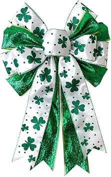 St. Patricks Day Wreath Bow Green Shamrock Bowknot Irish Holiday DIY Crafts Ribbon Bow Ornaments for St. Patricks Day Party Decorations, 11.4x17.7 in