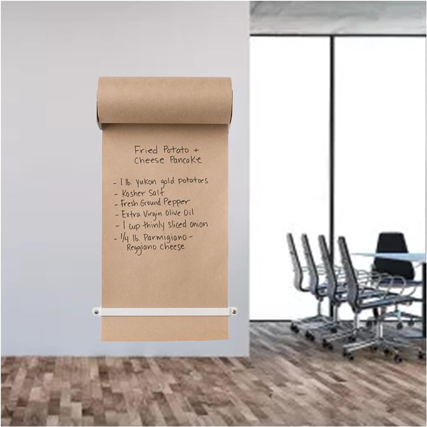 Dozownik i obcinak do papieru kraft do kawy - zawiera rolkę papieru kraft 50 m, uchwyt do menu ściennego i biały uchwyt 127 cm, biały uchwyt - 127 cm/50