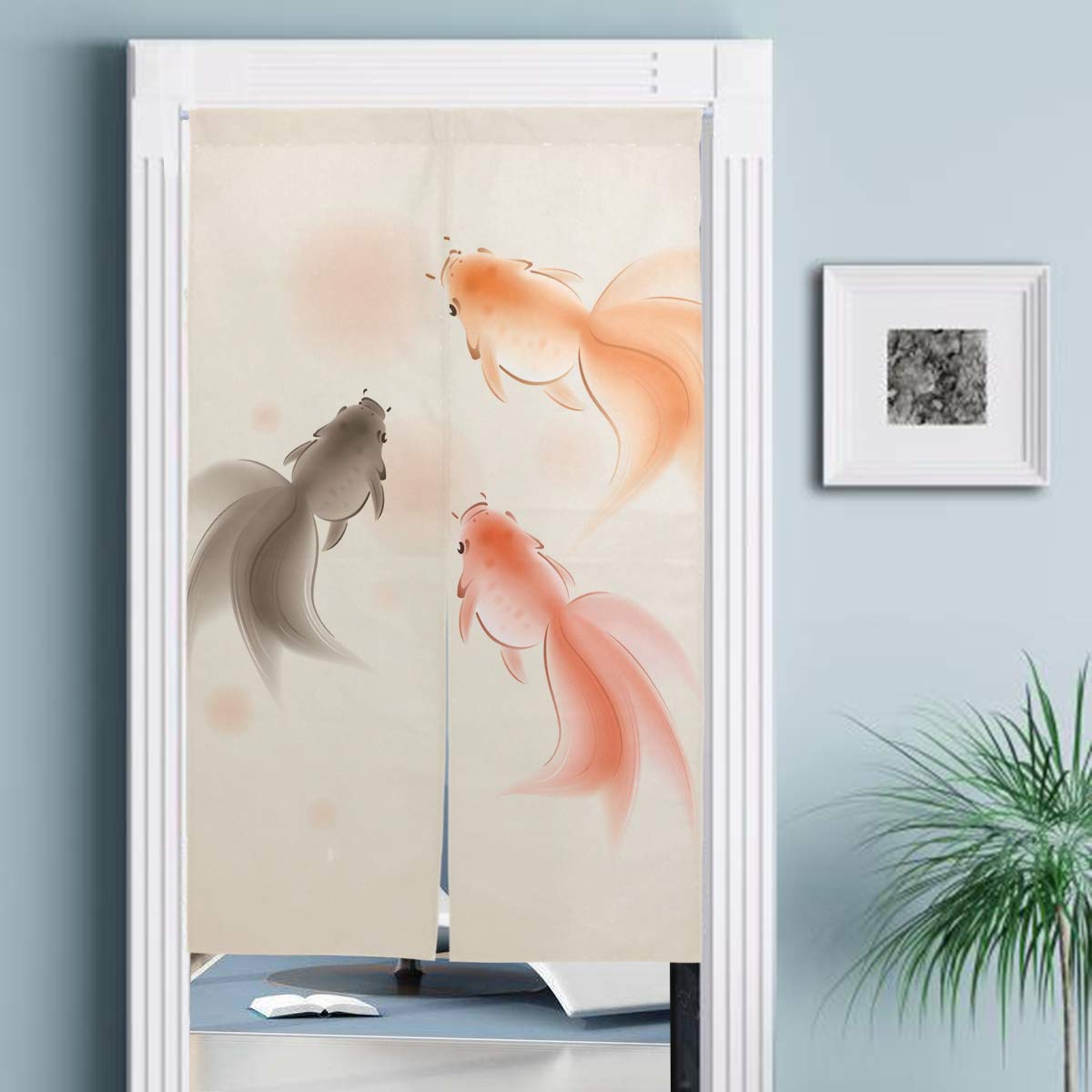 Amazon.co.jp: のれん 金魚柄 きんぎょ柄 魚柄 わふう 和風 ベージュ