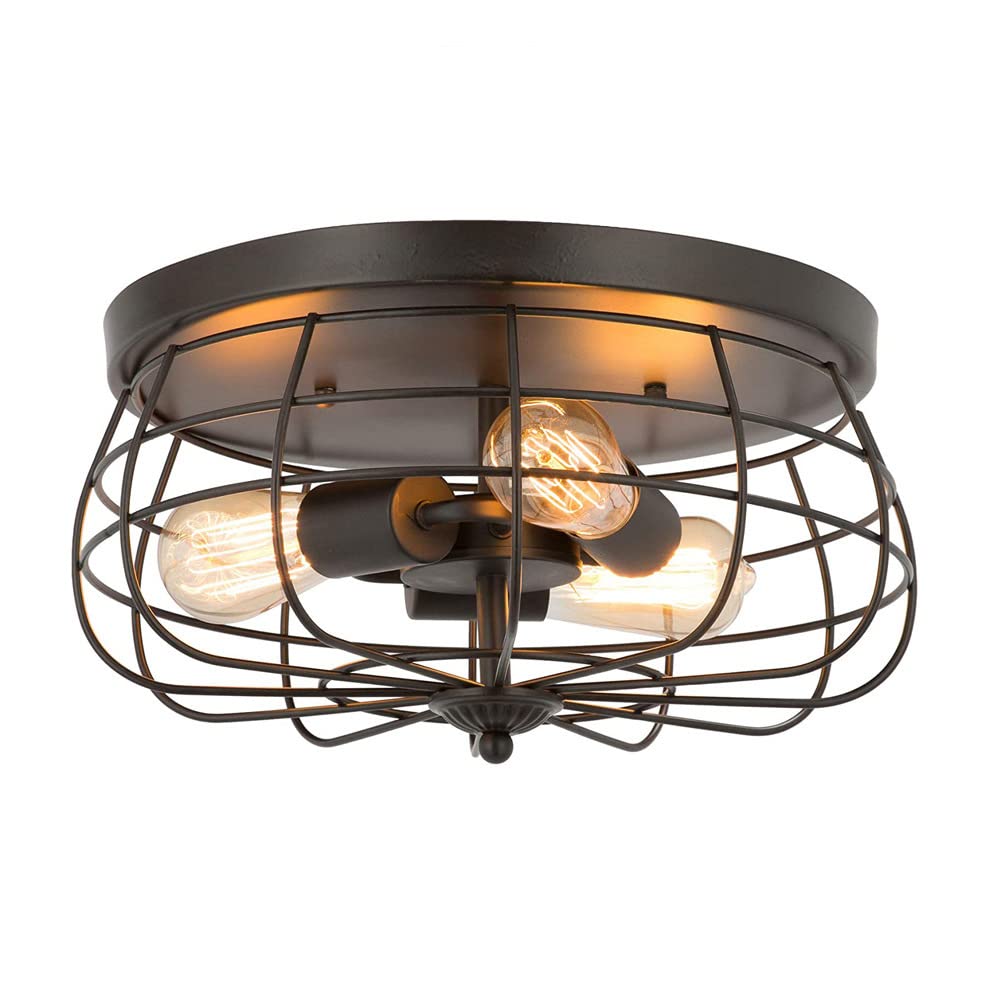 Jadssox Industrial Semi-recessed Ceiling Light Rustic Chandelier Metal Wire Cage Drum Ceiling Lamp, Retro Farmhouse Lighting Fixture 3-lights Chandeliers for Kitchen Barn Farm