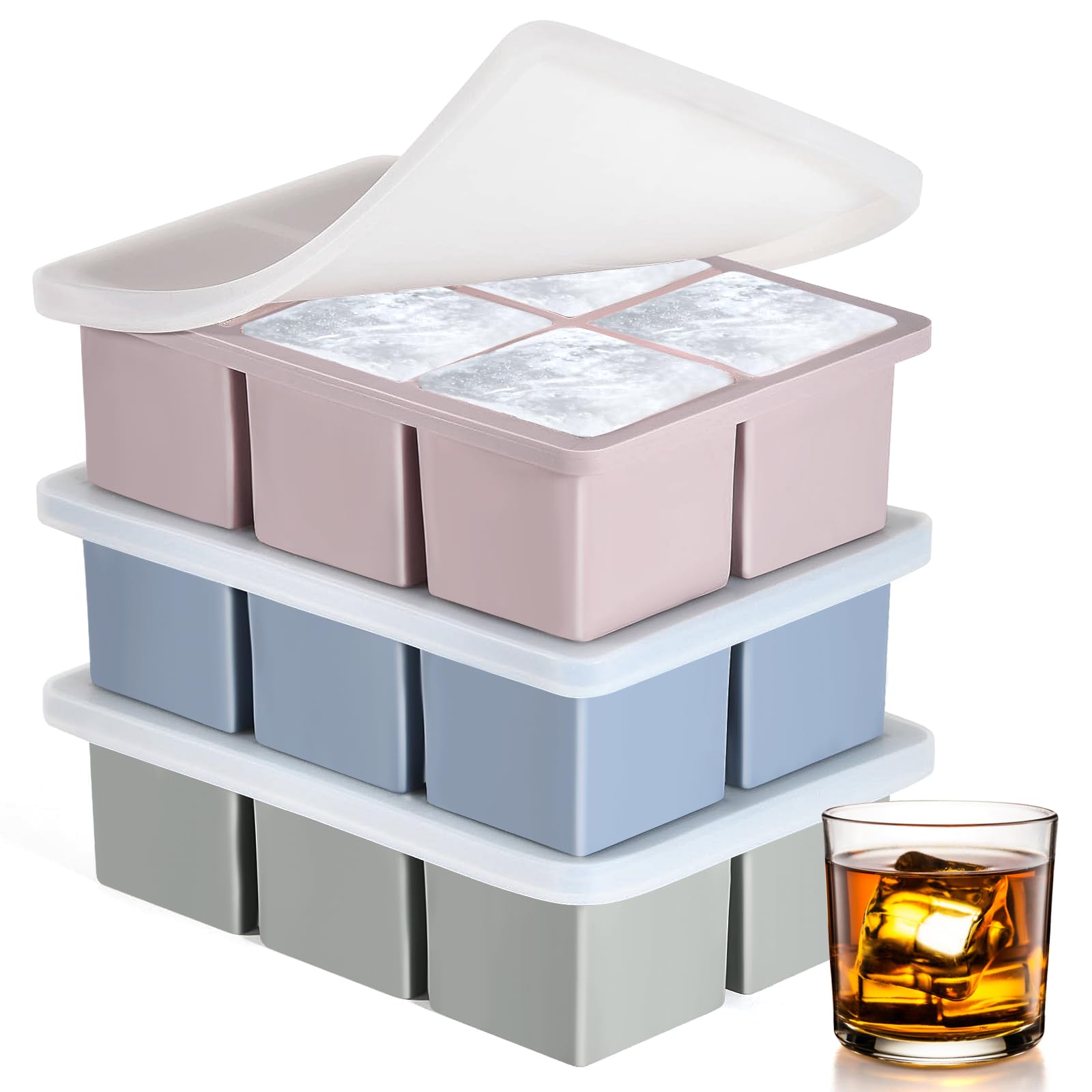 3 Pack Large Silicone Ice Cube Trays for Whiskey Easy Release 2 inch Cube Ice Trays for Cocktail Whisky Stackable Ice Cube Trays for Freezer with Leak Proof Removable Lid