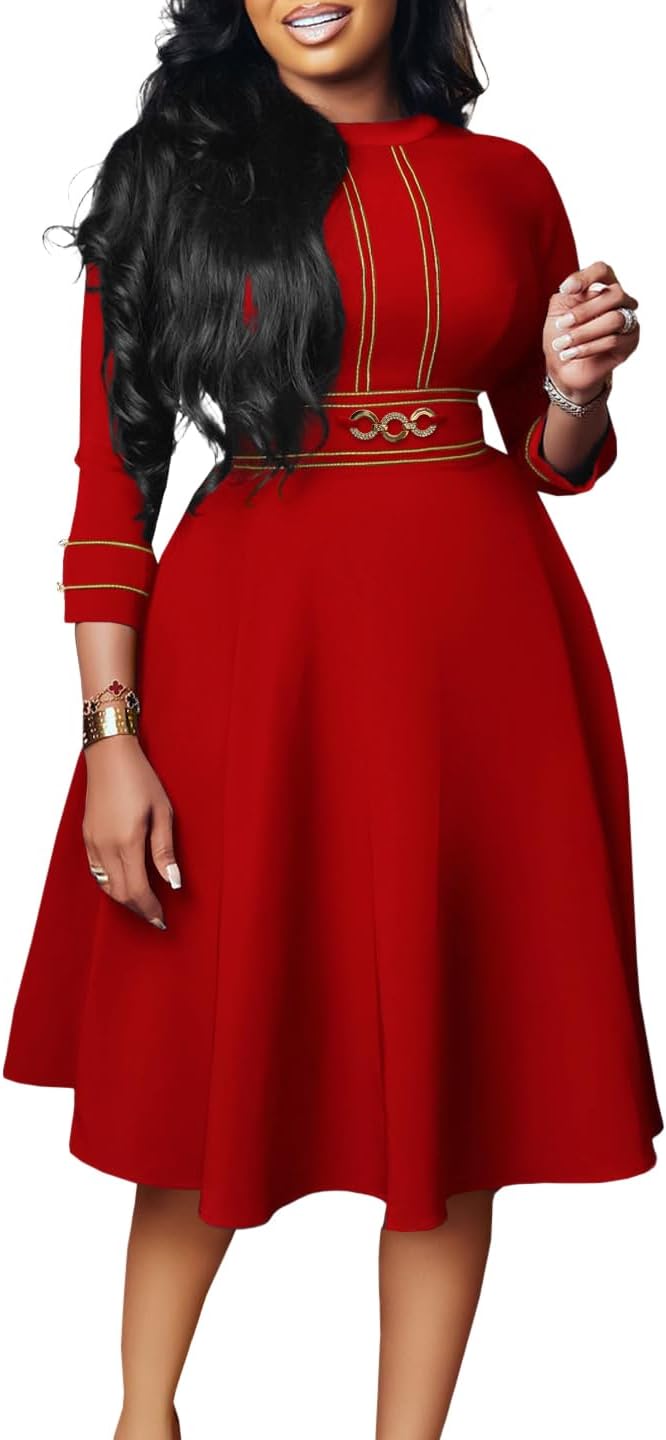 Elainone Women 3/4 Sleeve A-line Wedding Guest Dress Church Semi Formal Casual Midi Dresses for Cocktail Prom Tea Party