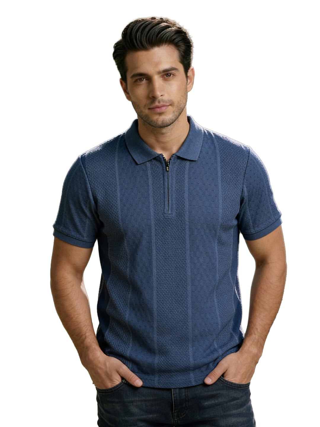 otto Men's Dusty Blue Textured Zipper Polo T Shirt | Casual Wear for Men-picture-37