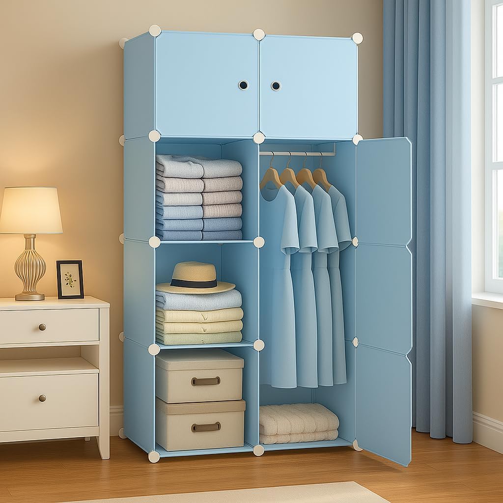 Sunderlook Plastic Wardrobe for Kids Clothes, Blue, 8 Door - Image 1