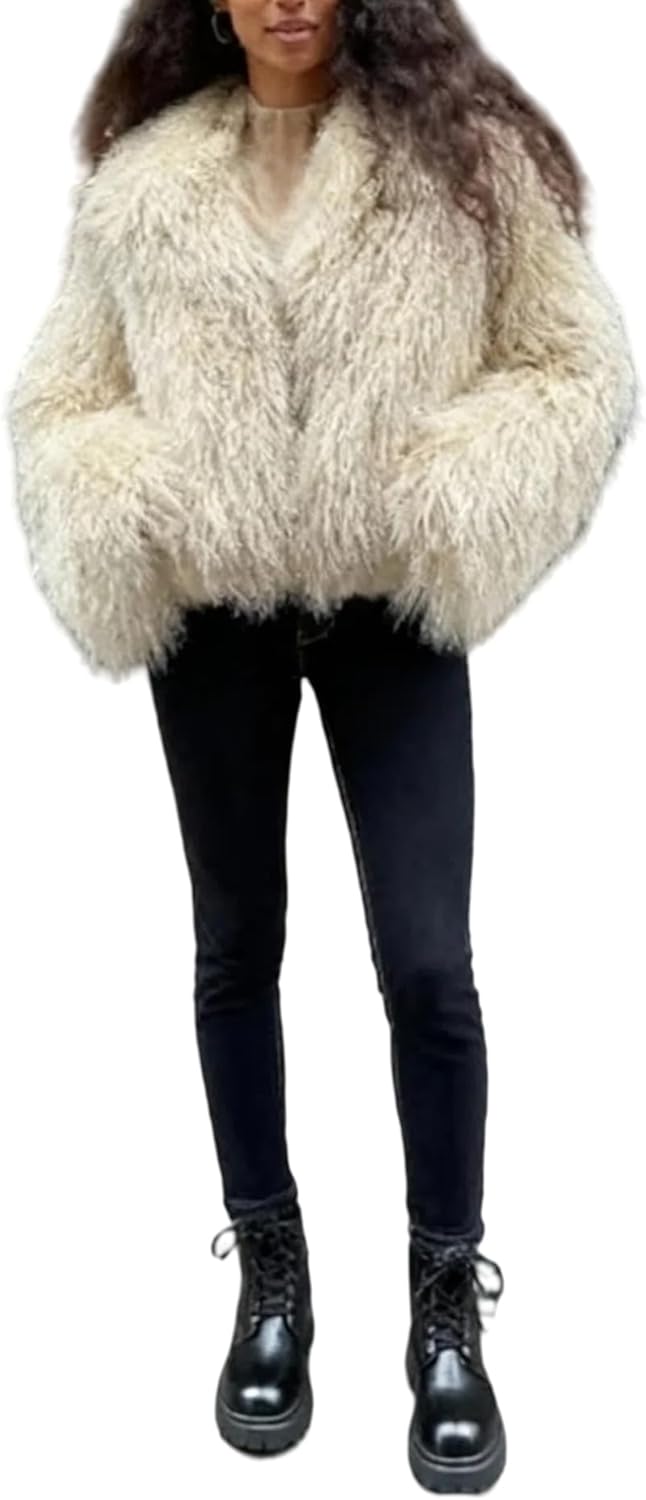 Women's Fluffy Faux Fur Cropped Jackets Coats Outwear,Shaggy Short Parka Overcoat