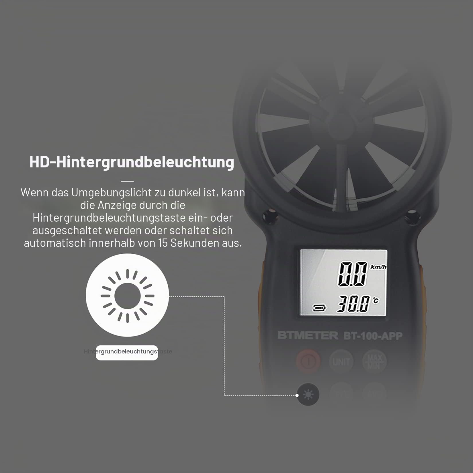 BTMETER Anemometer Bluetooth Wireless Handheld, BT-100APP Digital Windmesser CFM Messgerät, LCD Wind Speed Meter Gauge, Windgeschwindigkeit Temperatur Wind Chill Tester