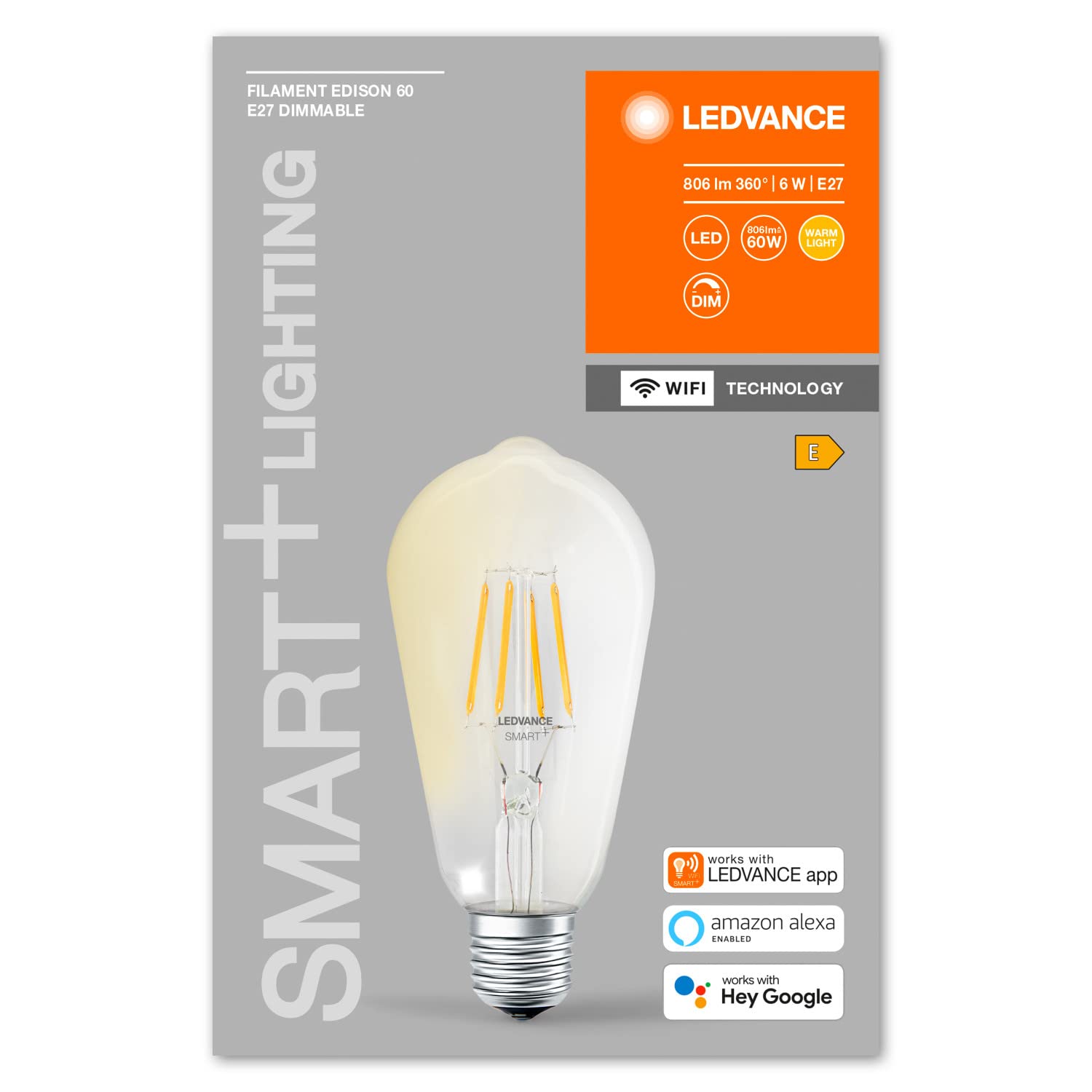 LEDVANCE Lámpara LED inteligente con tecnología WiFi, enchufe E27, regulable, blanco cálido (2700 K), reemplaza las lámparas incandescentes por 60W, filamento SMART+ WiFi Edison Regulable,paquete de 4