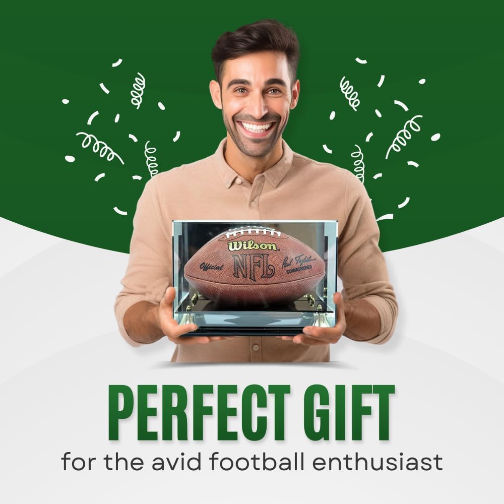 Deluxe Acrylic Wall Mount Football Display Case with Mirror Back | Full Size Crystal Clear Football Holder | UV Protection & Gold Riser Display Holder for Signed Football