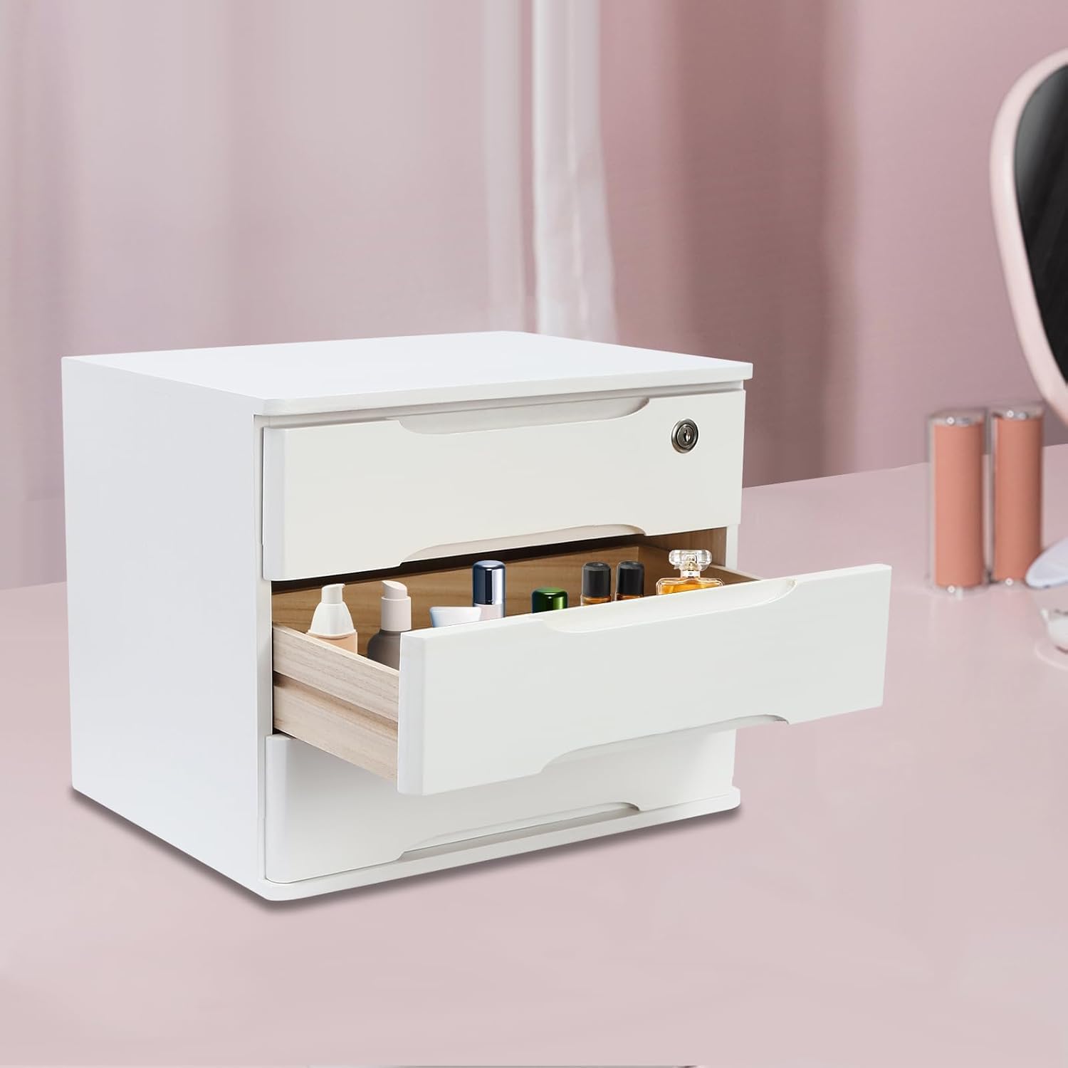 Organizer da Scrivania in Legno con Serratura E 3 Cassetti, Ideale per Ufficio, Studio E Casa - Elegante Scatola Porta Documenti E Raccoglitori, 39 X 30 X 31 Cm, Perfetta per White
