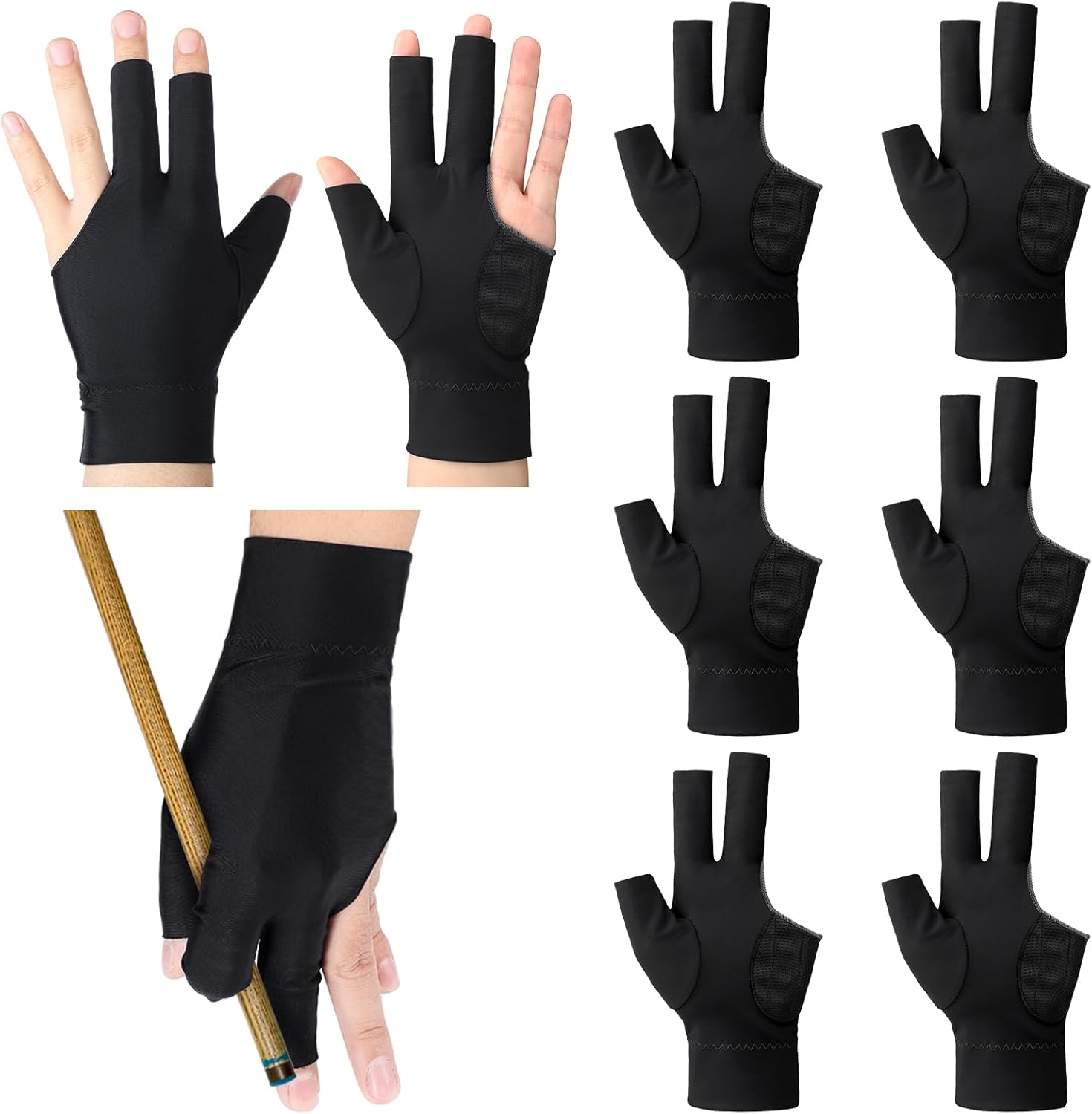 Civaner 8 Pcs 3 Fingers Pool Gloves Billiards Left Hand Cue Sport Show Gloves for Women Men Billiard Shooters Carom Sports Accessories