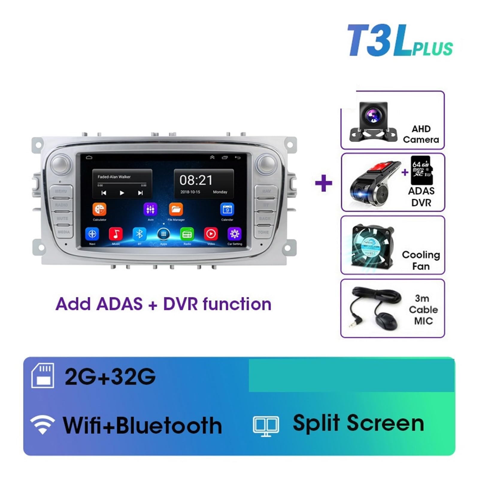 Nawigacja satelitarna Radio Samochodowe Multimedialny Odtwarzacz Wideo Nawigacja GPS(T3LPlus-DVR(Silvery))