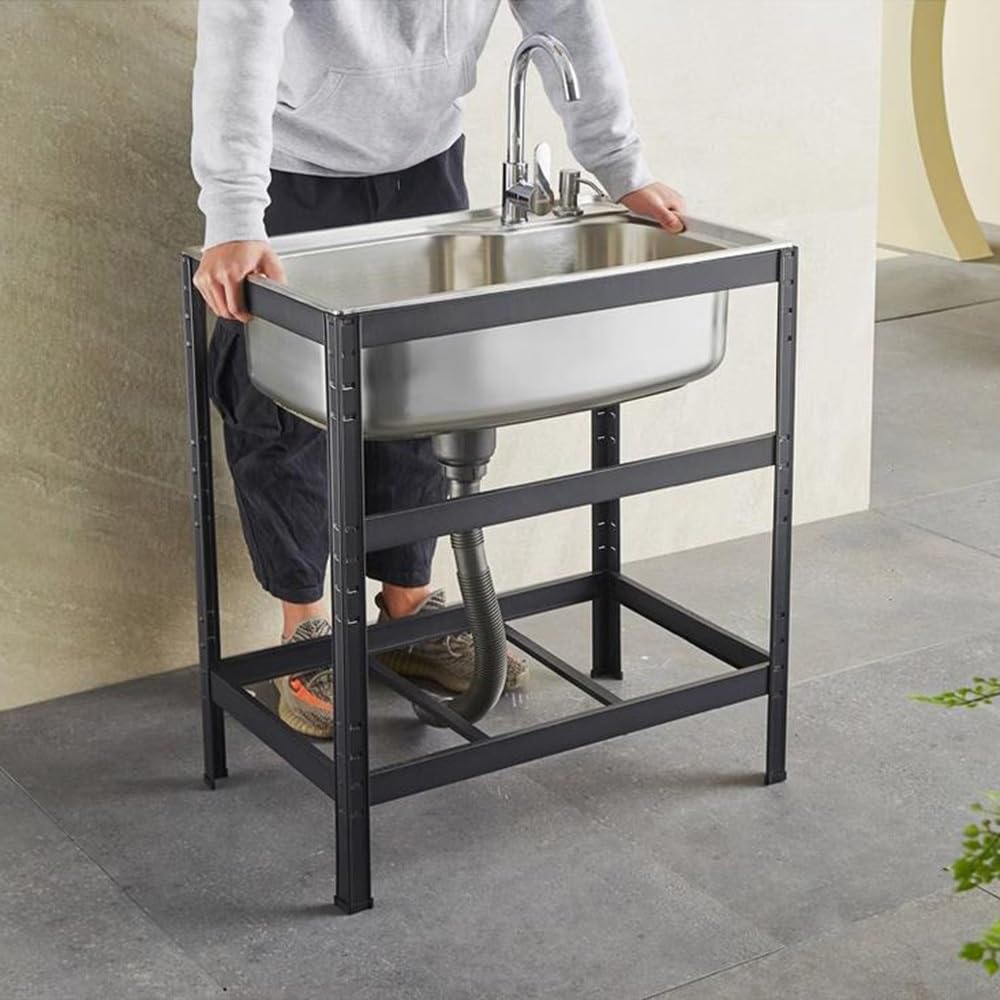 PUDLOR Évier de camping sur pied en acier inoxydable 60 x