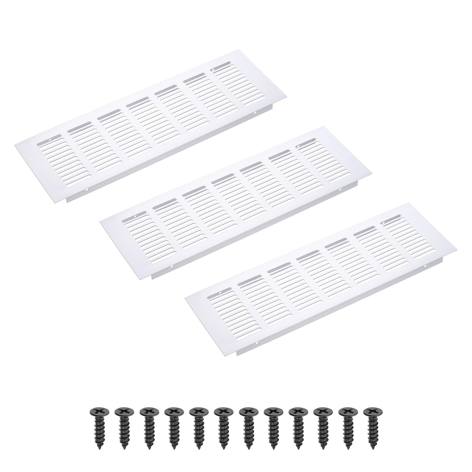 PATIKIL 12 x 4 Inch(300mm x 100mm) Rectangle Ventilation Grille, 3PCS Aluminum Air Vent Cover Louvered Ventilation Cover with Mounting Screws for Cabinet Closet Door Wardrobe, Silver
