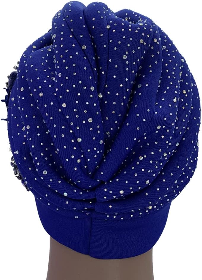 Luxurious African Women's Turban Cap Decorated with Rhinestone Bouquets Pleated Head Wraps Female Shinny Muslim Bonnet Hat - Image 6