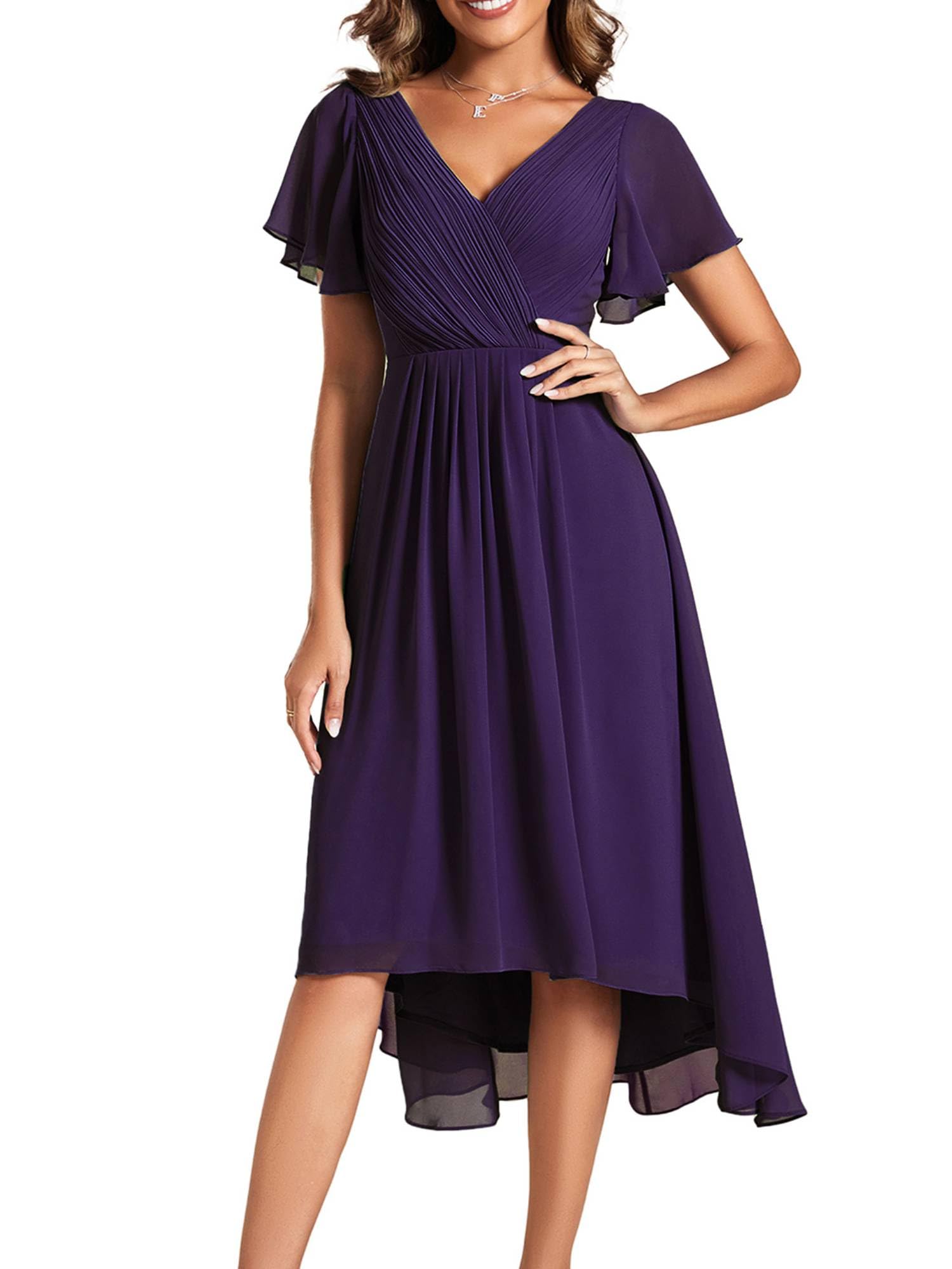 Ever-Pretty Vestido corto de gasa plisado con cuello en V para mujer, vestido de invitada de boda con mangas con volantes 01923