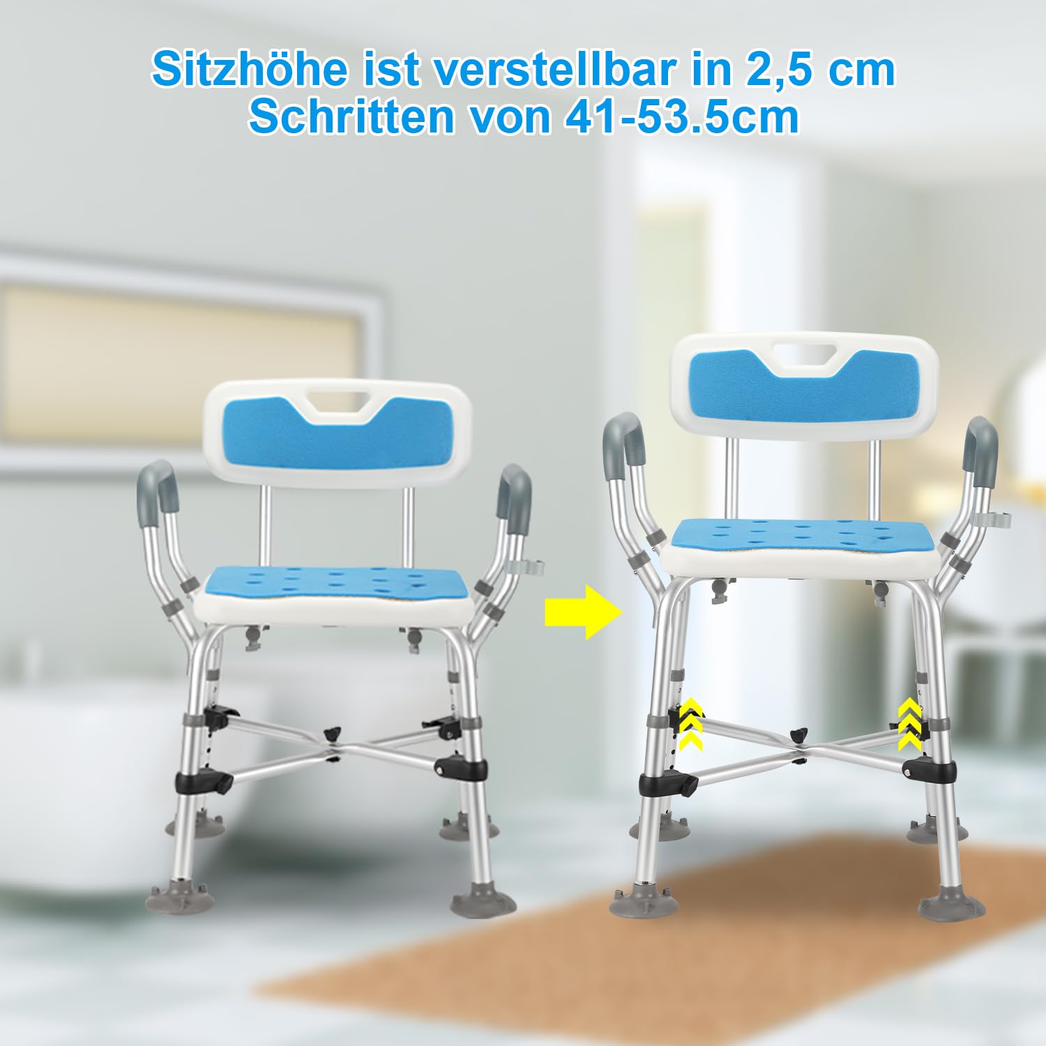 Krzesło prysznicowe z podłokietnikami, taboret prysznicowy z oparciem, 180 kg, 6-stopniowa regulacja wysokości, z podwójnymi poprzeczkami, poduszka do siedzenia i antypoślizgowe gumowe nóżki
