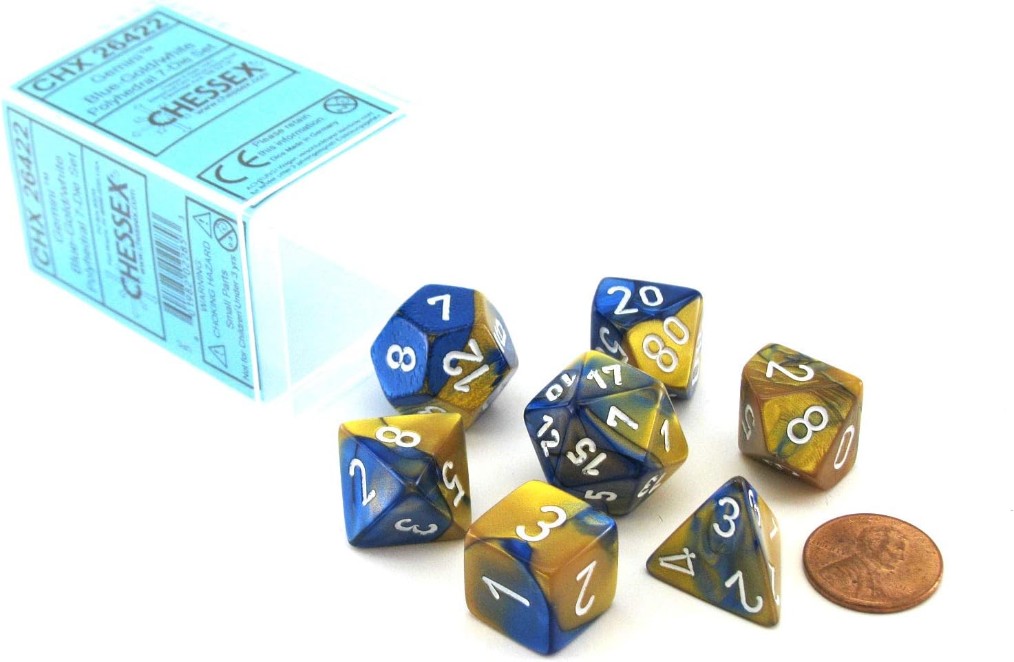 Polyhedral 7-Die Gemini Dice Set - Blue & Gold w/White (d4, d6, d8, d10, d12, d20 & d00) CHX-26422