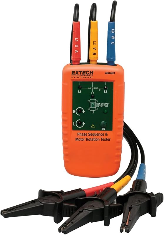 480403 Phase Rotation and Motor Tester, 40-600V, Non-Contact | 3-phase sequence, non-contact motor rotation, 2-400Hz, CAT III 600V, color-coded clips, pouch