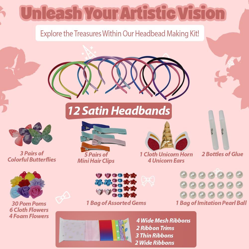 Headband Making Kit - Crafts for Girls Ages 6-8, Includes 12 Headbands, DIY Hair Accessories for Kids Parties