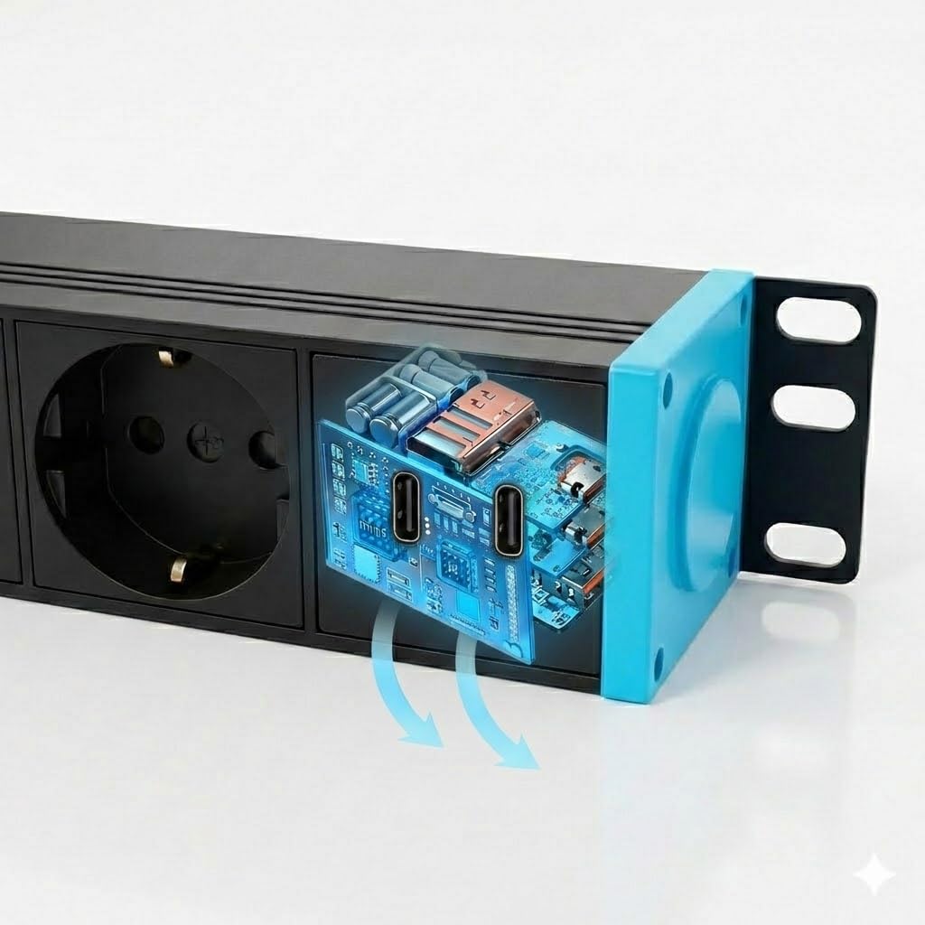 INSV1002USBC Infitronic 19" PDU/listwa zasilająca 1U, 8-krotna, obracana o 360°, 2 x USB-C, 3680 W/16 A, aluminiowa, do montażu na ścianie i szafie serwerowej, czarna