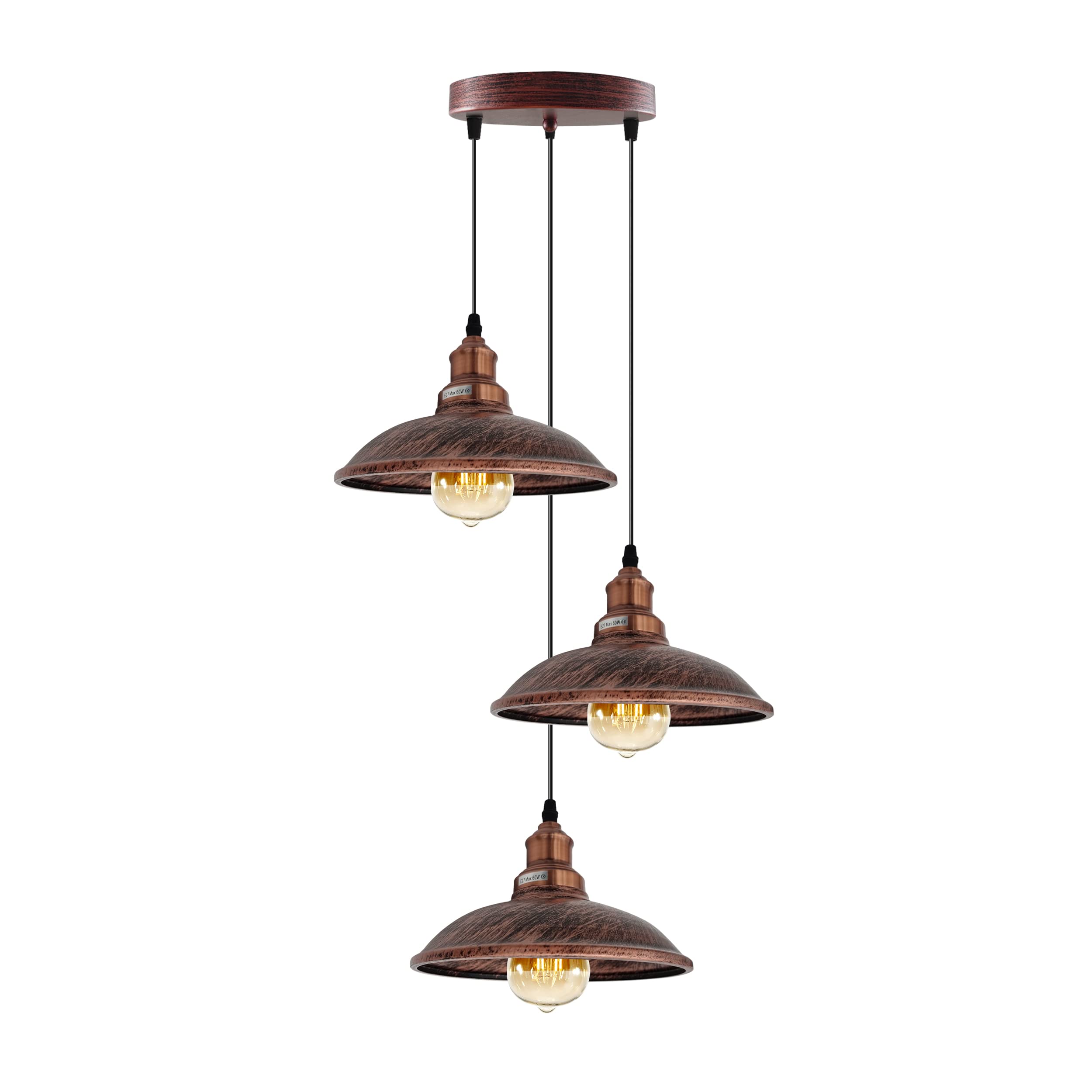 LEDSone Industrial 3 Head Pendant Ceiling Light, Metal Rustic 24cm Lamp Shade in 3 Point Outlet, Adjustable 1m Loft Cable with E27 Base Vintage Holder for Kitchen Island, Living Room, Bedroom, Hall