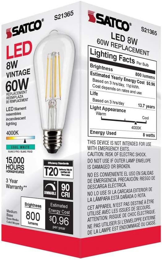 Satco 8W ST19 LED Clear Light Bulb, Cool White, E26 Base, 6 Pack