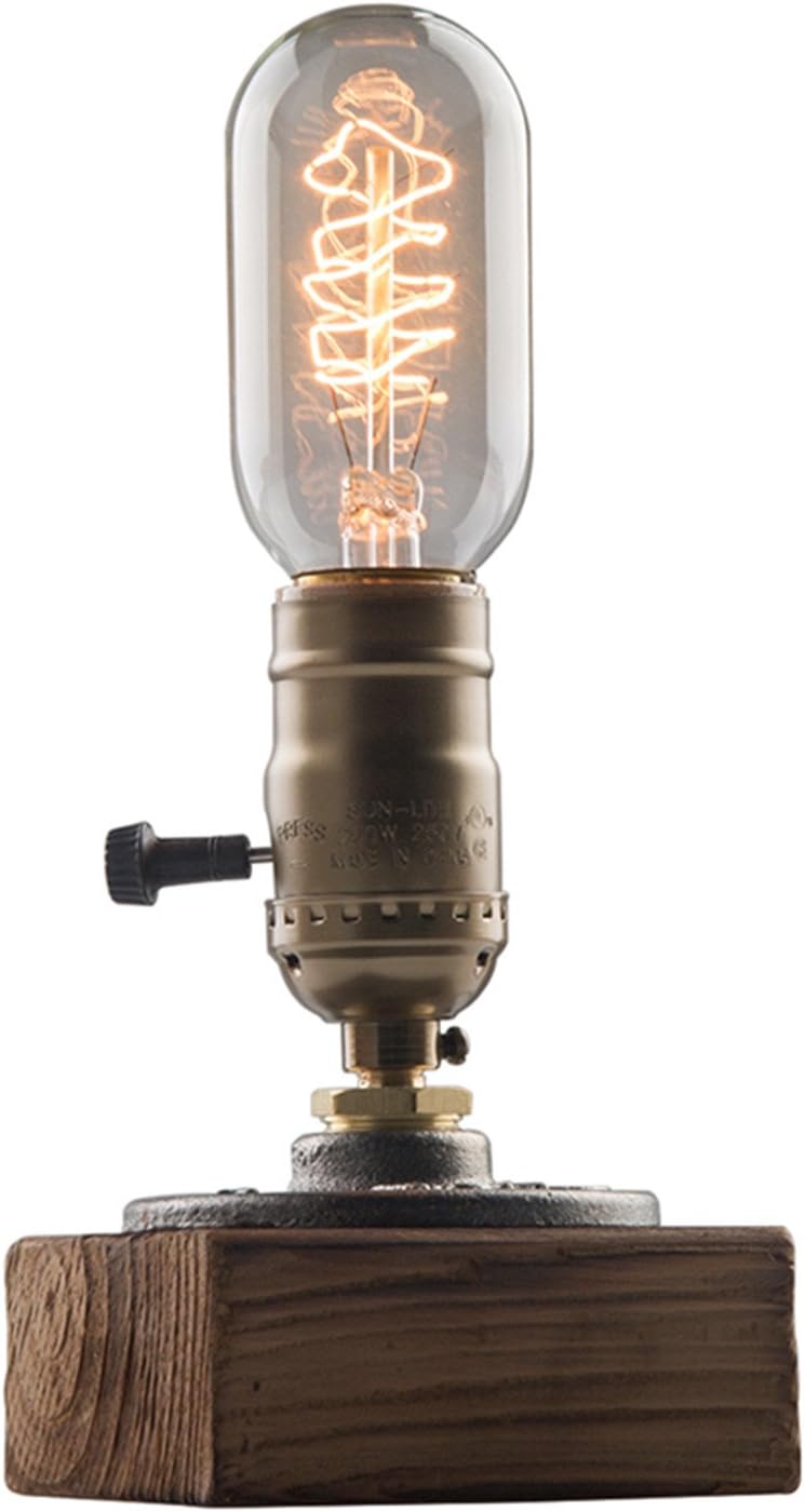 Vintage Weathered Wood Table Lamp,Wooden Base Retro Industrial Steampunk Iron Pipe Desk Light for Bedside,Bedroom Living,Dining Room,Cafe Bar,Studio,Hallway,House Decor,E26 Dimmable Lamps LED