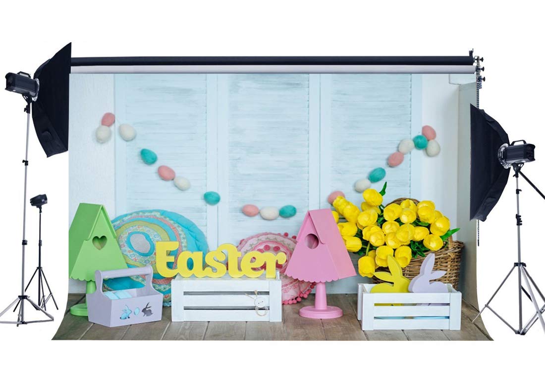 WofawofaHappy Easter Backdrop 5X3FT Vinyl Frohe Ostern Backdrops Eggs Hunt Bunny Fresh Flowers Nostalgia Wood Plank Spring Jesus Christ Photography Background for Boys Girls Photo Studio Props EB227