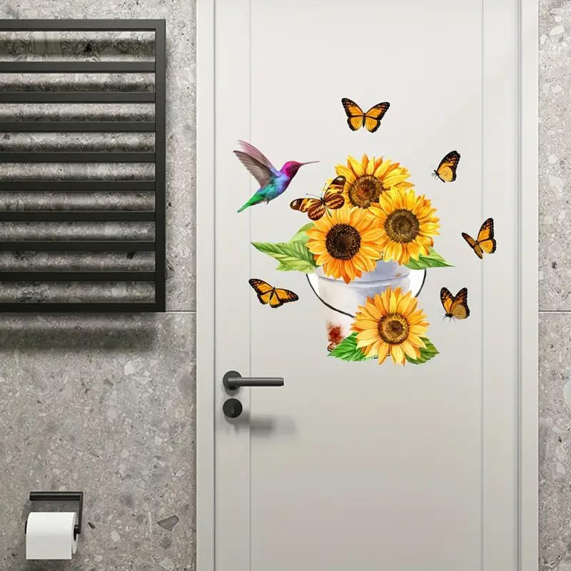 Sunflower and Butterfly Toilet Cover Sticker Decals,Fish Bird Flower Leaf Waterproof Toilet Lid Tank Seat Decals Cistern Self-Adhesive Bathroom Wall Sticker