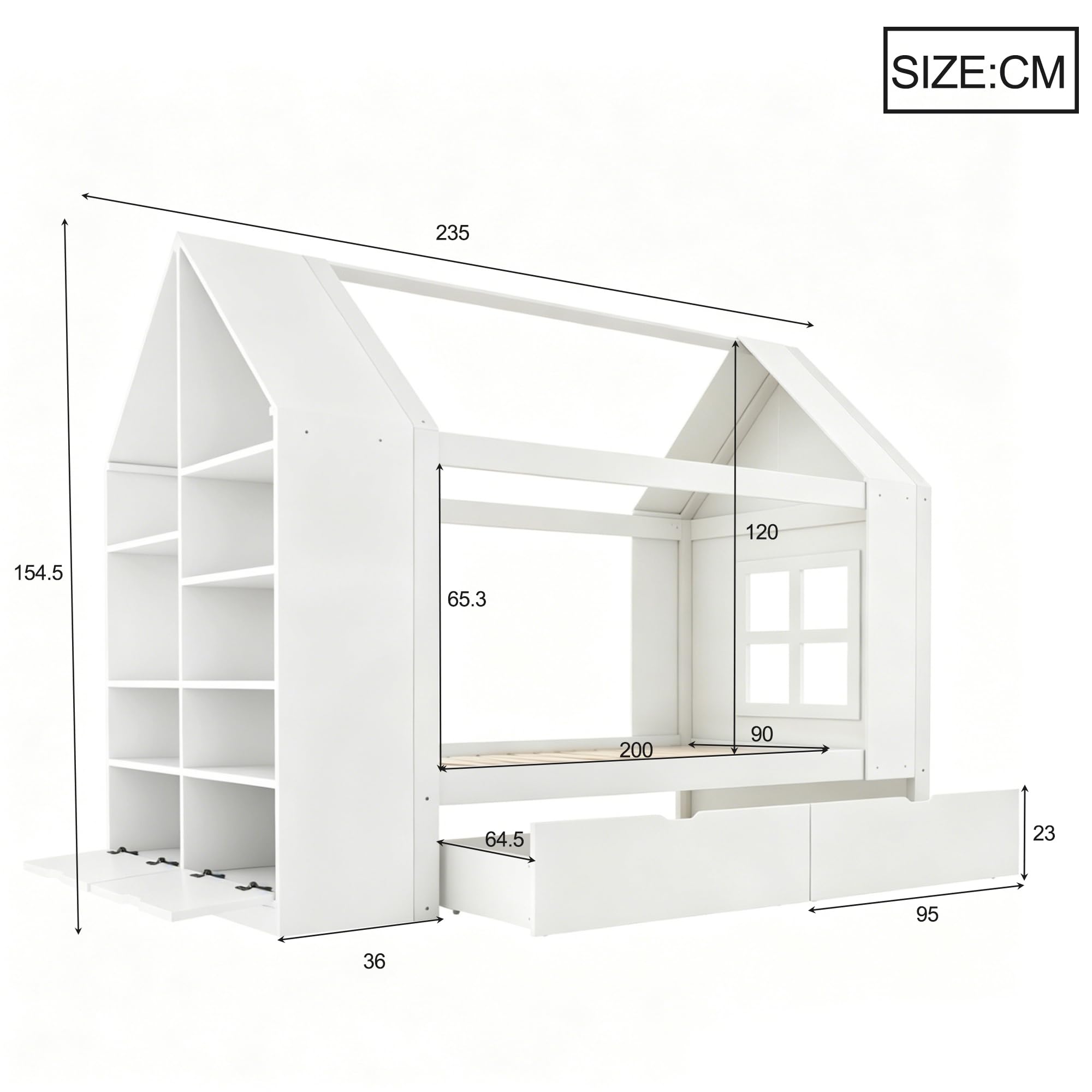 Kinderbett 90x200 Hausbett mit LED und Stauraum, Einzelbett mit Schubladen, Holzbetten für Kinder und Jugendliche, Massivholz Weiß