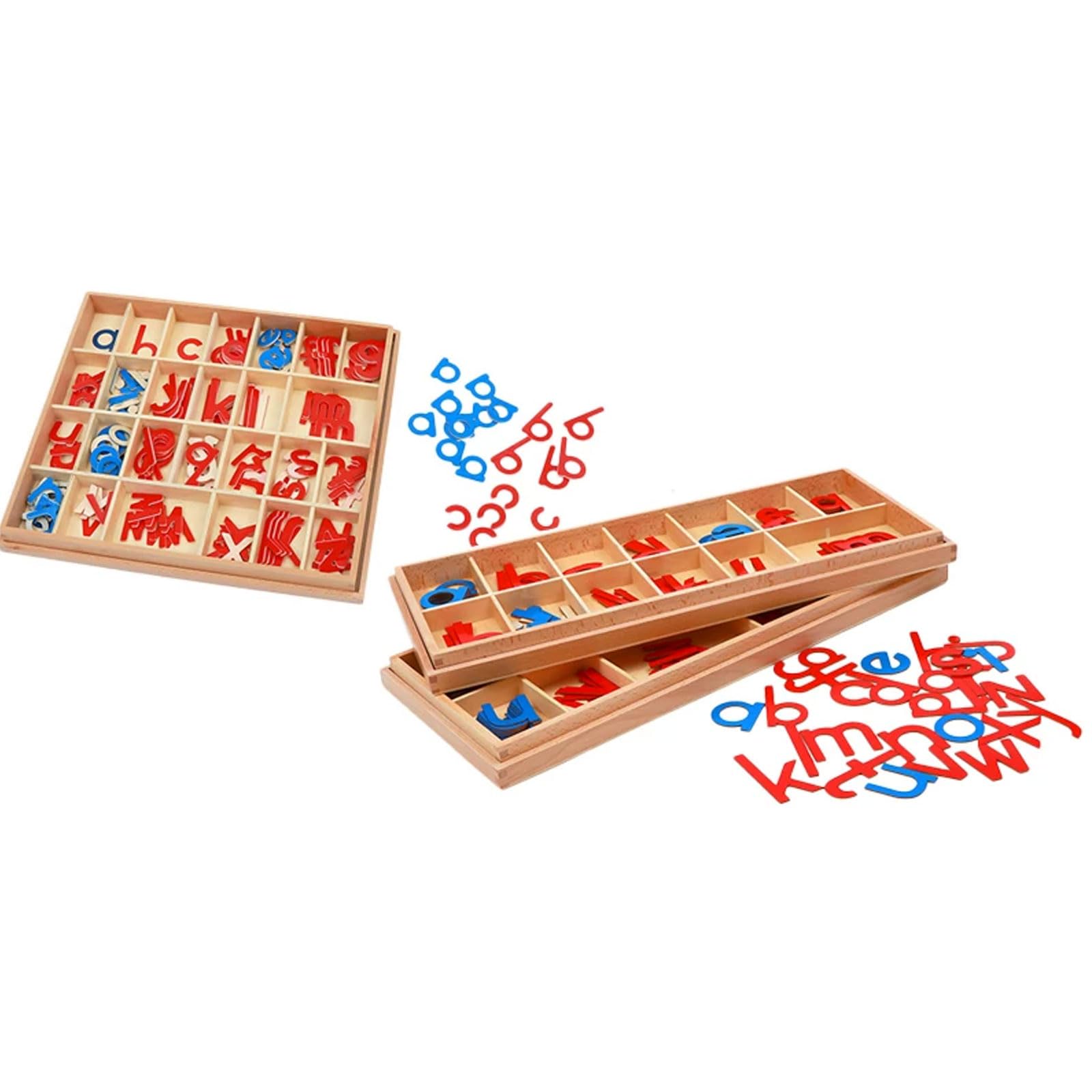 Montessori ruchome alfabet, drewniane pudełko z małymi literami | Czerwono-niebieski zestaw ruchomego alfabetu, materiały językowe, zabawka edukacyjna nauki fonetycznego pisania
