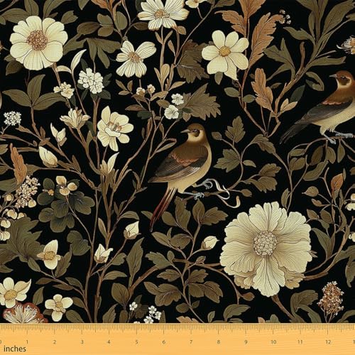 Erosebridal Dark Floral Flannel Fabric by The Yard Bird Floral Upholstery Fabric Vintage Bird Decors Boho Flower Leaf DIY Art,1 Yard